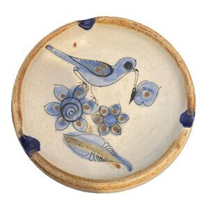 Tonala Mexico Folk Art Pottery Ashtray Bluebird Trinket‎ Dish Signed Felipe M